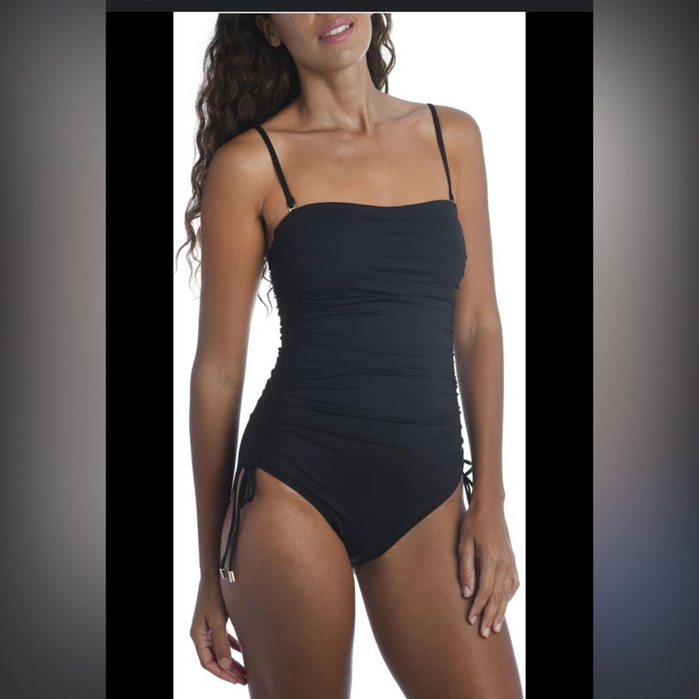 La Blanca Island Goddess Side Tie Black Bandeau One Piece Swimsuit NWOT Medium